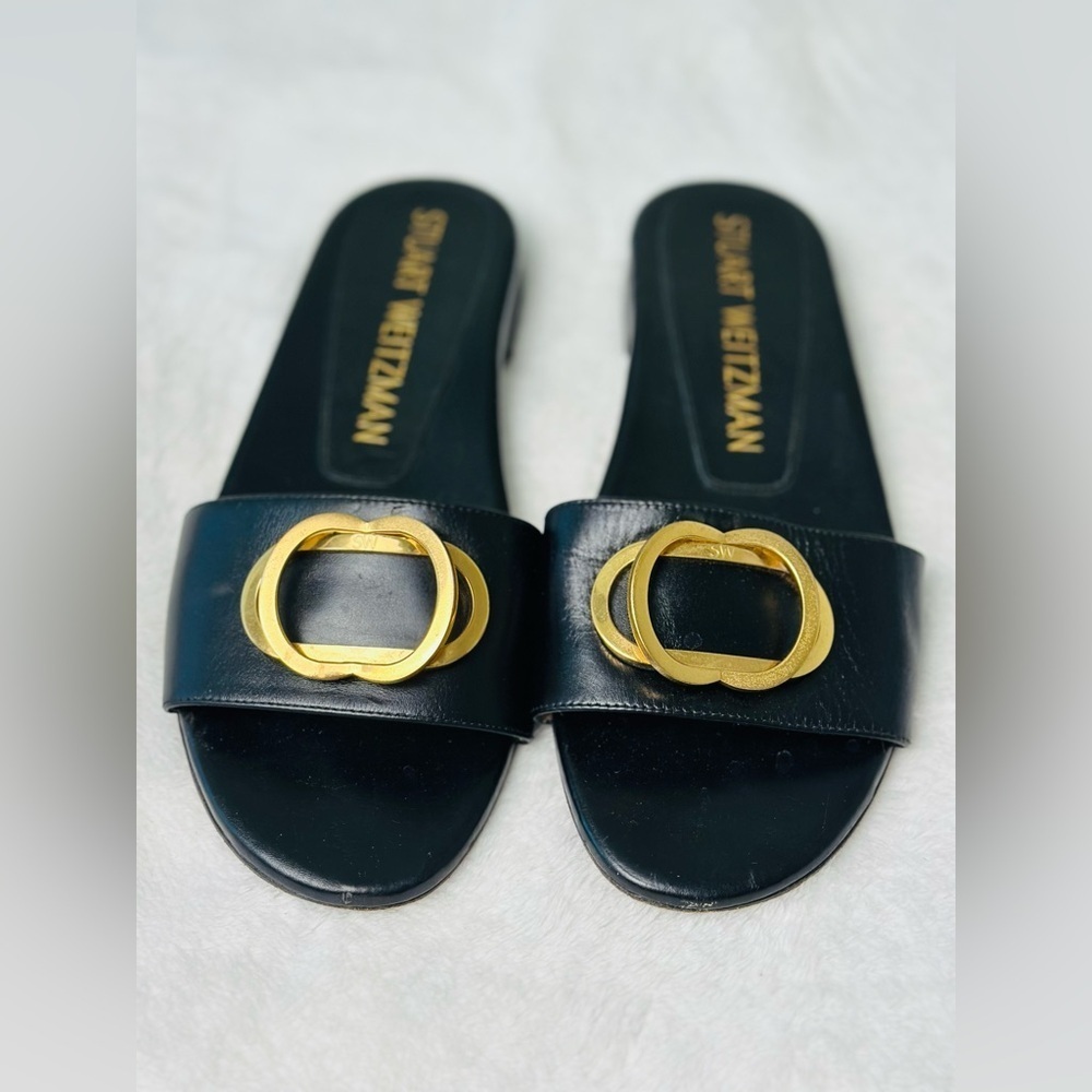 Stuart Weitzman Caicos Black Slide Sandals with Gold Accent - Picture 2 of 5
